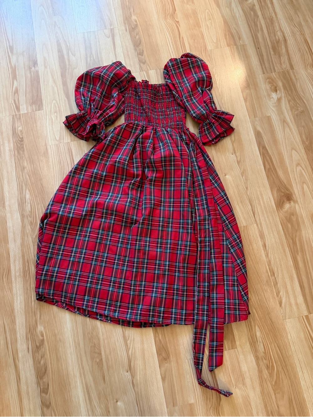 Aura Red Plaid Puff-Sleeve Smocked Waist Dress